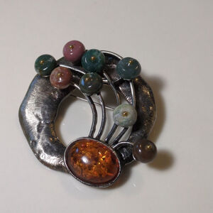 Vintage Silver Tone Amber Stone Brooch Pendant